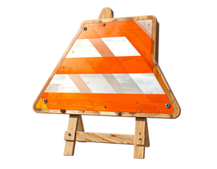 Orange and white traffic warning sign on a wooden easel