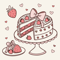 Hand drawn coquette vintage heart shape cake with bows and ribbons. Cute girly illustration. Perfect for Valentines day, wedding invitation, birthday card