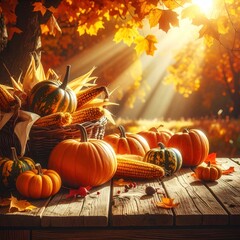 Golden autumn harvest scene with pumpkins and corn on a wooden table, bathed in sunlight filtering through colorful trees