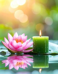 Pink water lily flower blooms next to a green lit candle, reflected in the water with a bokeh light effect in the background