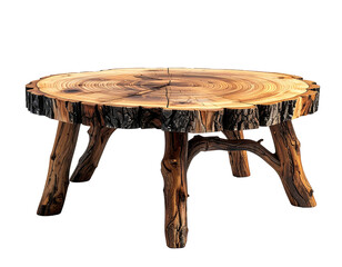 Rustic wooden circular table, tree trunk legs