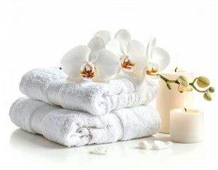 Stacked, soft, white towels with blooming orchid and lit candles, all arranged beautifully on a reflective white surface