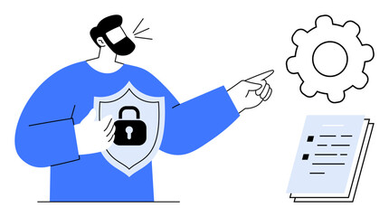 Male figure holds shield with lock icon while pointing to folder and gear. Ideal for security, compliance, policy, privacy, data flow, guidelines, trust. Simple flat metaphor