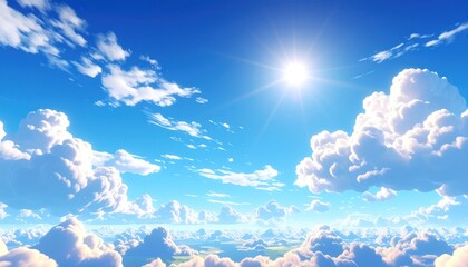 Bright sun shines over fluffy white clouds on a clear blue day; distant land can be glimpsed far below