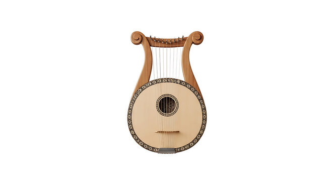 A light colored lyre with a circular body and strings isolated on a white background plain studio shot ai generated