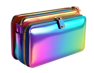 Holographic, colorful, rectangular cosmetic bag with gold zippers