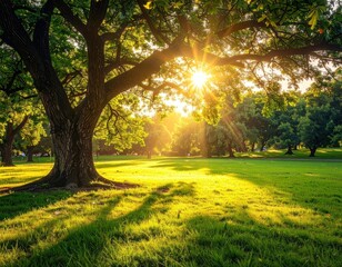 A large tree's leaves filter sunlight in a park with rolling green hills, offering a serene and scenic outdoor view
