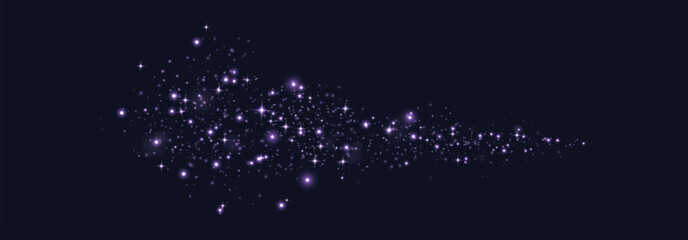 Purple glittering dots, particles, stars magic sparks. Glow flare light effect. Violet luminous points. Vector particles on black background.