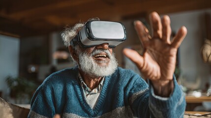 Joyful elderly man with white beard enthusiastically uses VR headset experiencing new digital worlds at home