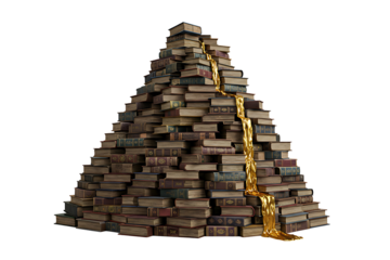 Pyramid of Books with a Golden Waterfall isolated on transparent cutout background, cut out, png