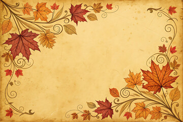 Vintage autumn border with falling maple leaves and decorative swirls on aged parchment paper background