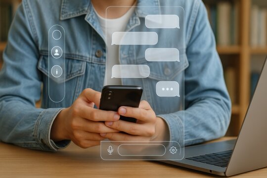 Hands holding smartphone with floating chat interface representing online messaging, communication and digital interaction
 - Powered by Adobe