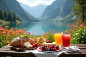Scenic Lakeside Picnic Breakfast Enjoyed Outdoors