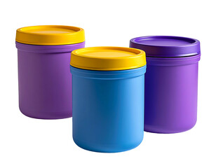 Three cylindrical containers, purple, blue, and purple, with yellow lids