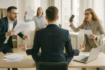 Man meditating at desk amidst chaotic and shouting colleagues in office meditation lotus pose