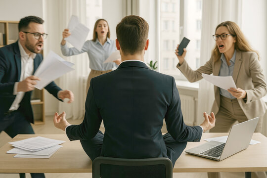 Man meditating at desk amidst chaotic and shouting colleagues in office meditation lotus pose - Powered by Adobe
