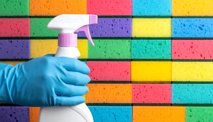 Cleaning supplies against colorful sponges