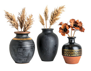 Three dark-painted ceramic vases with dried grasses and flowers