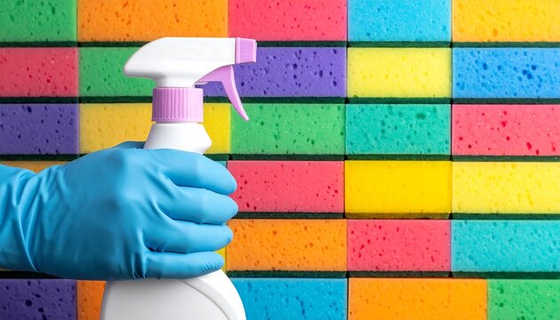 Cleaning supplies against colorful sponges