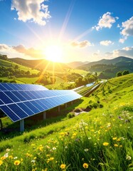 Solar panels amidst wildflowers on a lush hillside, basking in the golden glow of a sunrise against a blue, cloud-dotted sky