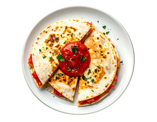 Quesadilla slices on a plate, topped with salsa and herbs