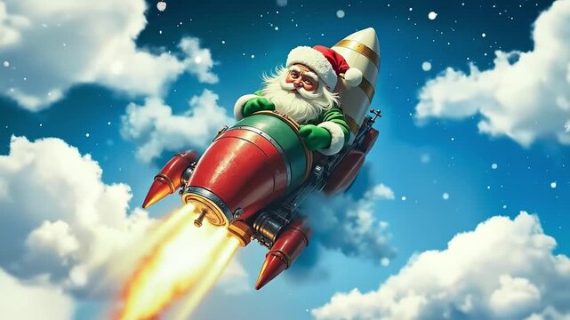 A santa claus riding on top of a rocket in the sky