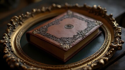 Antique Book in Ornate Frame, Leather Cover, Vintage Aesthetic.