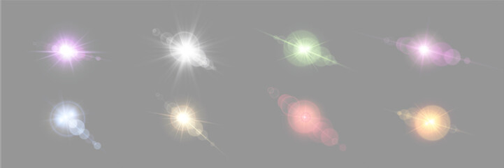 Different colors sunlight lens flare, sun flash with rays and spotlight. Glowing burst explosion on a grey background. Vector illustration.