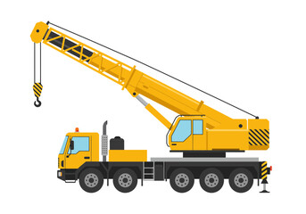Obraz premium Yellow mobile crane with a long extending arm and a hook for lifting heavy objects.