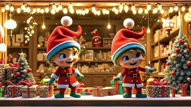 A couple of elves standing in front of a window with presents