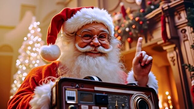A man dressed as Santa Claus holding a boombox in front of a Christmas tree