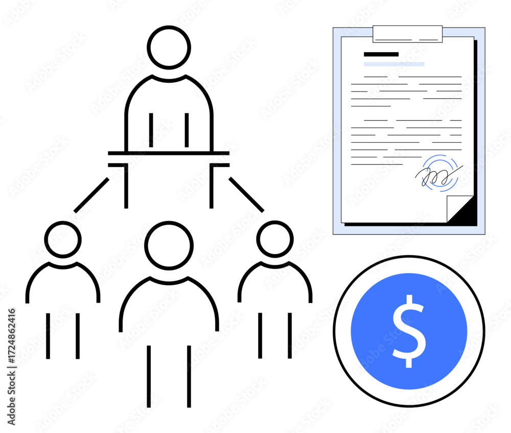 Poster hierarchical team model with a leader connected to team, signed contract, and coin with dollar sign.