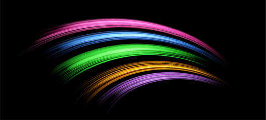 Glowing lines of different colors. Dynamic neon realistic energy waves. Abstract curved light effect on dark background. Vector illustration.