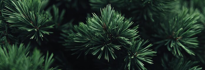 Close-up view of lush green pine needles creating an intricate texture and pattern against a dark, muted background