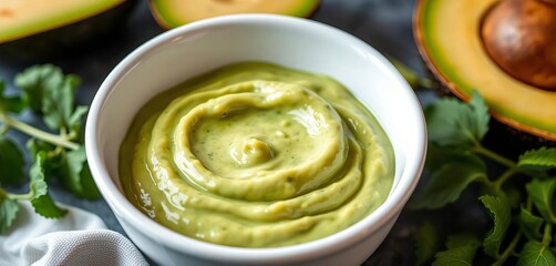 Creamy green avocado aioli in a white bowl, close-up, closeup, avocado