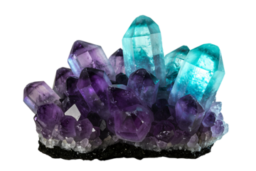 Amethyst and Apatite Crystal Cluster isolated on transparent cutout background, cut out, png