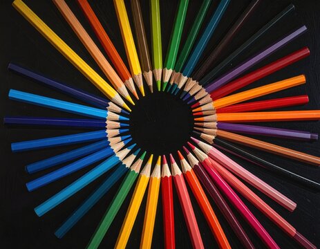 Symmetrically arranged colored pencils form a vibrant circular pattern on a dark surface, their pointed tips forming an inner ring of color