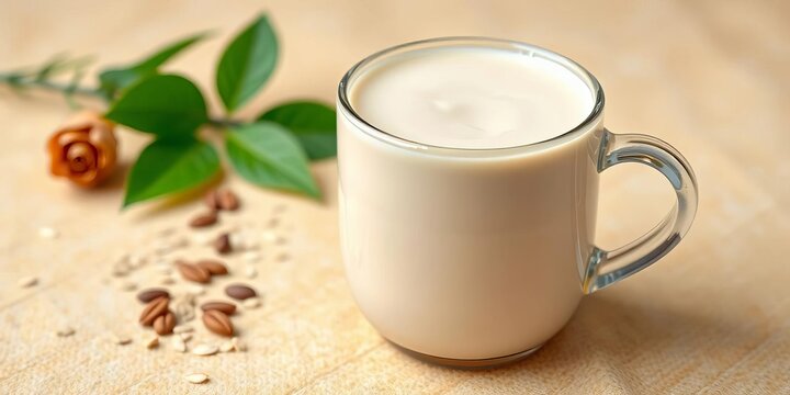 Creamy oat milk coffee substitute in a mug, beige background,   breakfast drink,  healthy drink