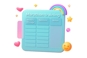Marathon training planner table with weekly mileage, sessions, and notes, in pastel 3D style on white background, concept of fitness planning. Ai generative