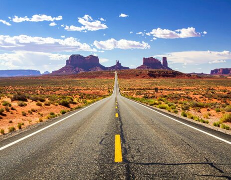 Straight asphalt highway receding into a desert landscape with towering rock formations under a bright blue sky dotted with fluffy white clouds - Powered by Adobe