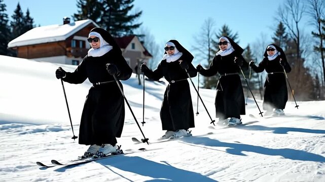 A group of nuns skiing down a snow covered slope