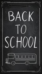 Chalkboard art with "Back To School" above a bus sketch and pencil, textured like a classic school board. Educational theme, grainy