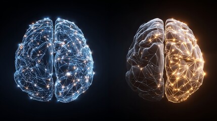 Dynamic neural network visualization of two glowing human brains connecting ideas and inspiring innovation