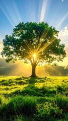 Stunning sunburst through a full green tree in a verdant meadow under a bright blue sky. A serene, scenic view