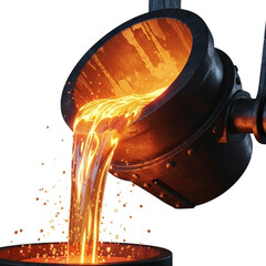 Molten metal pouring from a crucible isolated on transparent background
