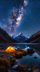 Luminous tent near a calm lake at night, reflecting starlit sky and mountains. Glowing light illuminating the space around