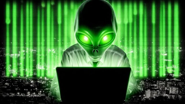 Alien hacker working on a laptop in a glowing cityscape at night under bright green lights
