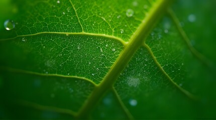 Macro Photography of Green Leaf Vein Detail with Water Droplets