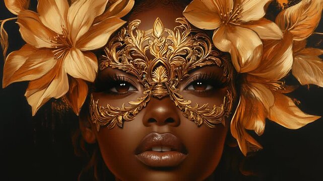 Portrait of a Beautiful African American Woman Wearing an Ornate Golden Mask and Golden Flowers, Fantasy Art