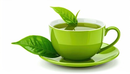 Bright green teacup with a few fresh green leaves in and around it, sitting on a matching saucer, all against a crisp white backdrop